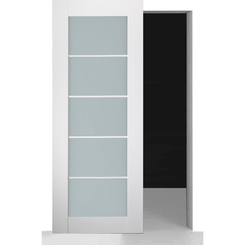 Smart Pro 5Lite 32 in. x 84 in. Frosted Glass Polar White Wood w/o BaseBoard Hidden Sliding Barn Door with Hardware Kit price history on PriceWatchPro