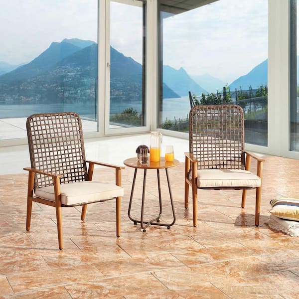 3-Piece Metal Wicker Outdoor Lounge Chat Set with Beige Cushions