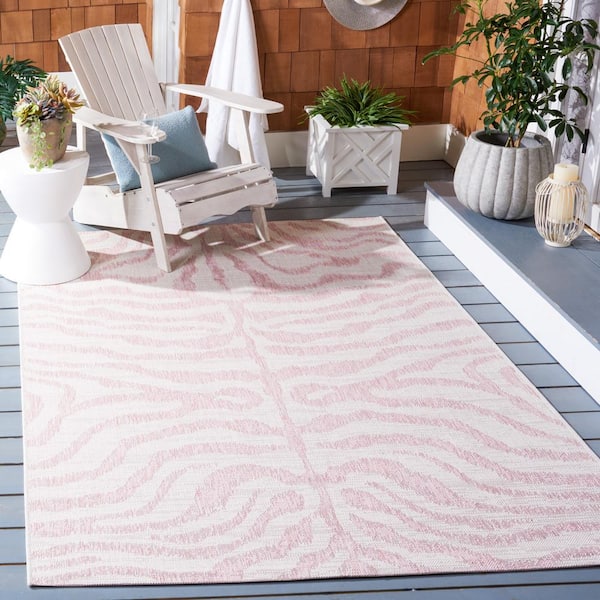 Courtyard Ivory/Pink Doormat 2 ft. x 4 ft. Zebra Indoor/Outdoor Area Rug