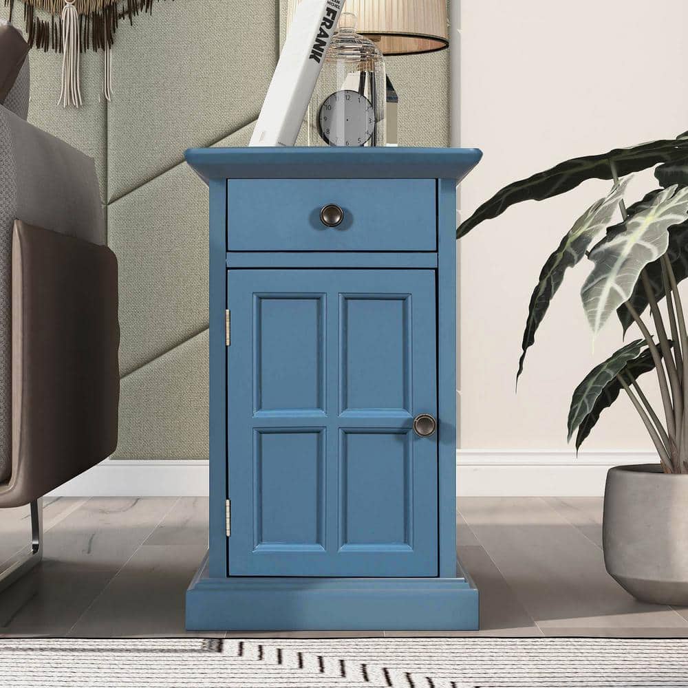 24 in. Navy Rectangle Wood End Table with USB Ports and 1-Drawer w/Cup Hold