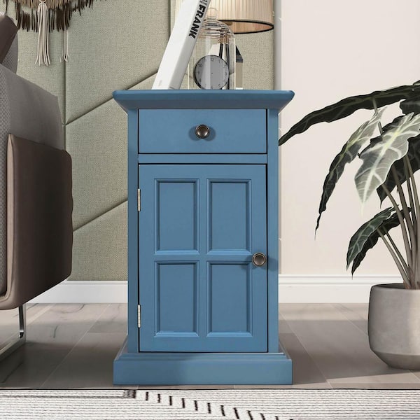 Unbranded 24 in. Navy Rectangle Wood End Table with USB Ports and 1-Drawer w/Cup Holders Sofa Side Table Nightstand Narrow Table
