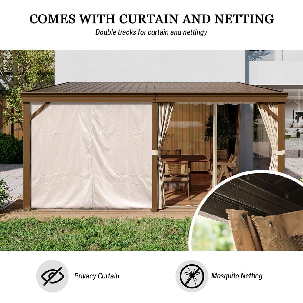 Mondawe 12' x 16' Brown Aluminum Hardtop Gazebo with Curtains