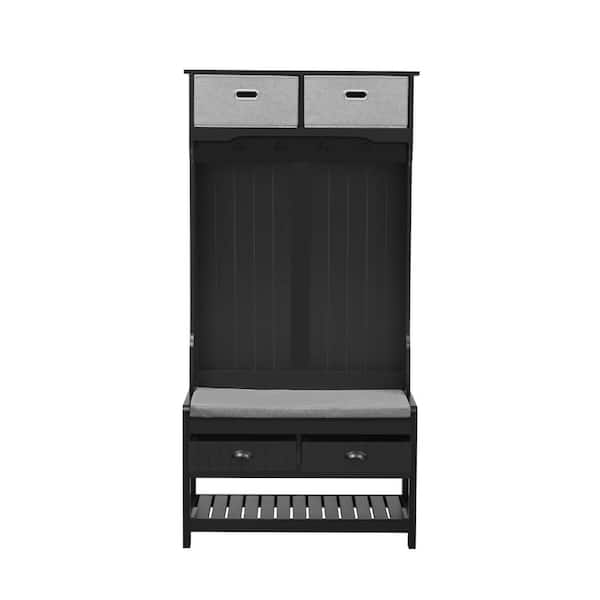 Unbranded 34.2 in. W x 16.5 in. D x 68.5 in. H Black Wood Linen Cabinet with Hall Tree, Entryway Bench, Hooks and Drawers