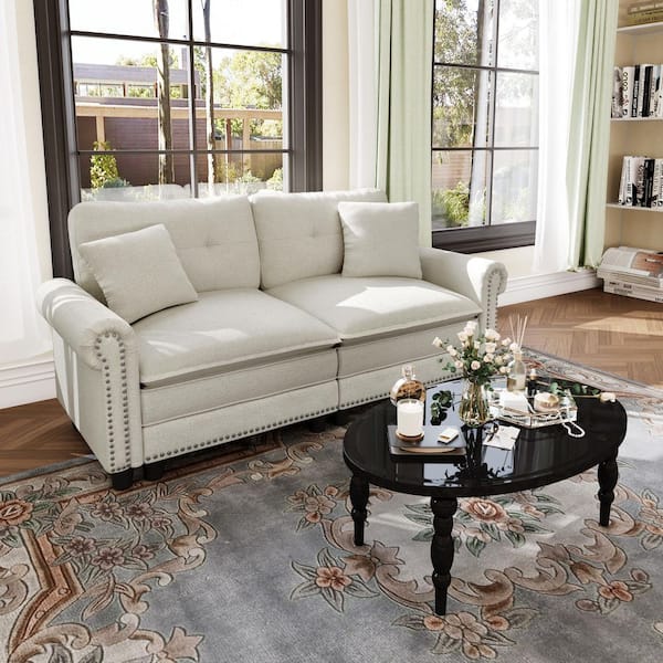 80.3 in. Roll Arm 2-Seat Linen-like Fabric Modular Sectional Sofa in Beige with Throw Pillows