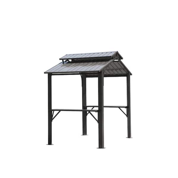 8 ft. x 5 ft. Hardtop Grill Gazebo with Double Roof, Permanent Sun Shade with 2 Side Shelves and Ceiling Hook, Gray
