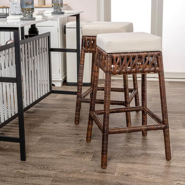 Bali 29.5 in. Bohemian Basics Rattan Backless Bar Stool, White Cushion with Dark Brown Woven Frame