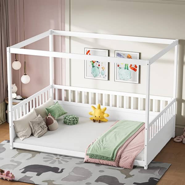 Crispin Montessori Kids Floor Bed White Wood Frame Full Size Canopy Bed with Drop-Down Roof, Safety Rails