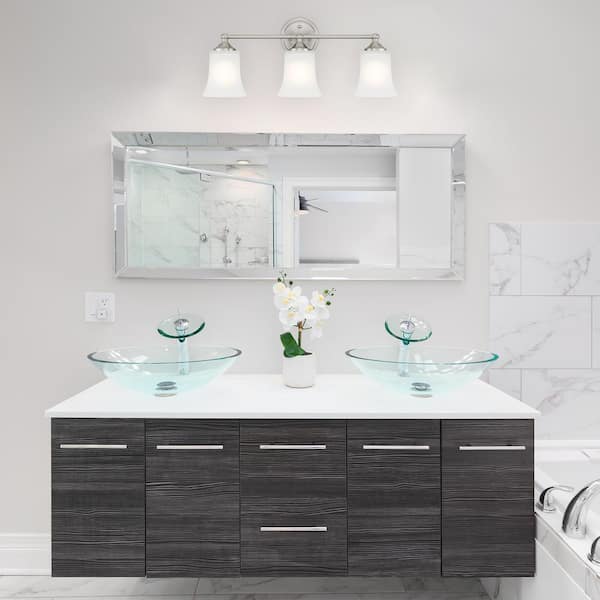 Bronson 23 in. 3-Light Brushed Nickel Transitional Vanity Light with Etched Glass Shades