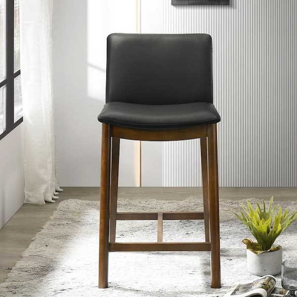 Shepherd 25.2 in. Black High Back Solid Wood Counter Stool with Vegan Leather Seat