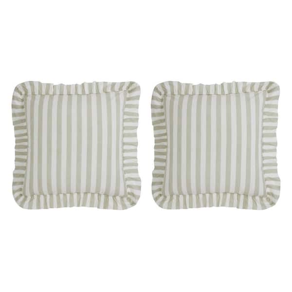 Finders Keepers Soft White Khaki Ruffled Striped Cotton Euro Sham Set of 2