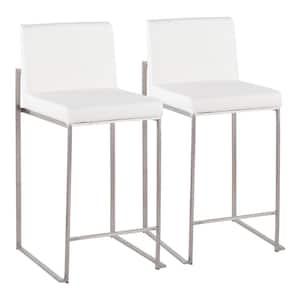 Fuji 35.5 in. White Faux Leather and Stainless Steel High Back Counter Height Bar Stool (Set of 2)