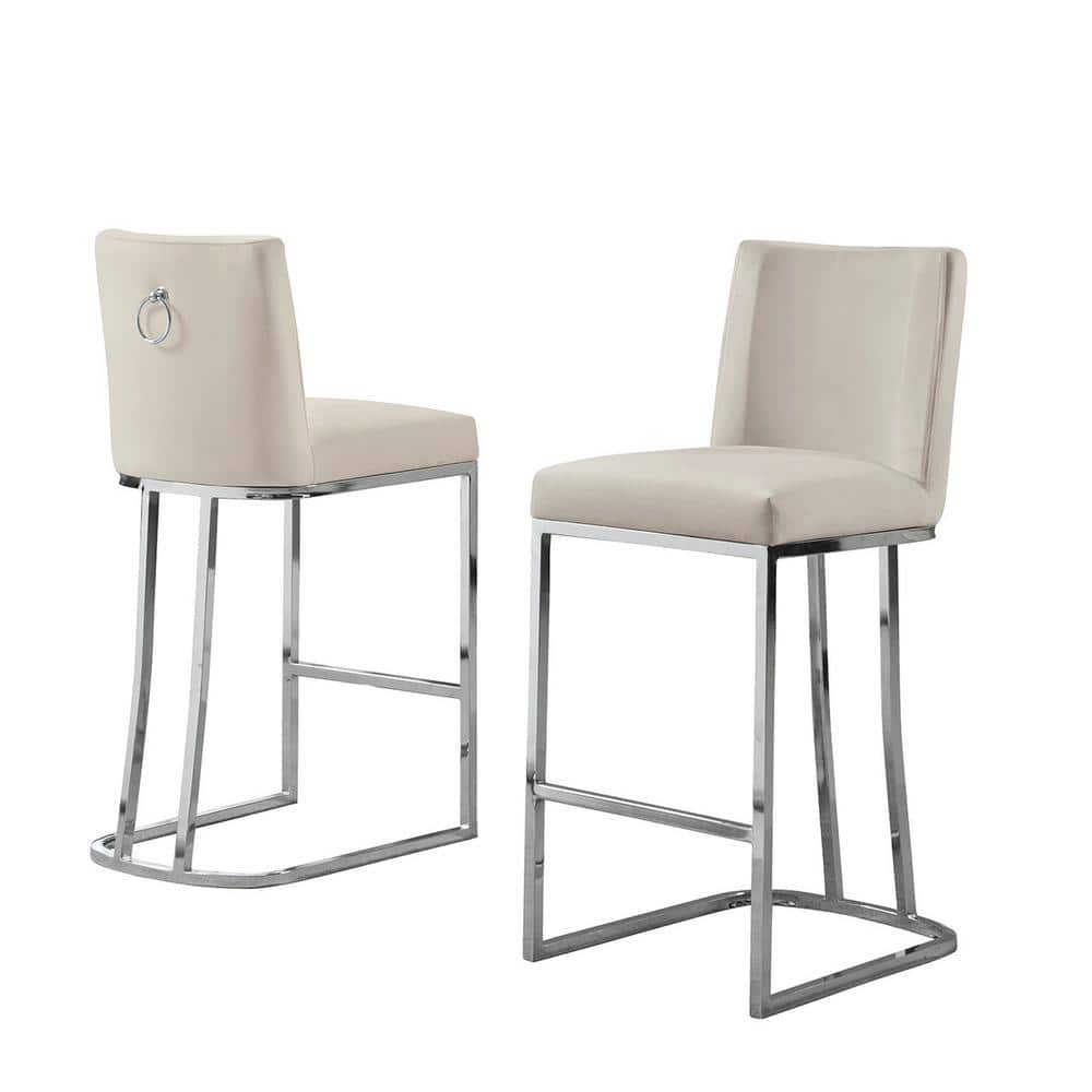 Sleek Beige Velvet 24" Counter Stool with Chrome Sleigh Legs - Set of 2