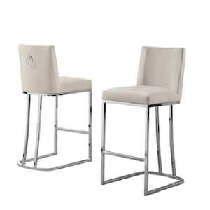 Erin 24 in. H Cream Low Back Counter Height Chair With Silver Chrome Base and Back Ring With Velvet Fabric (Set of 2)