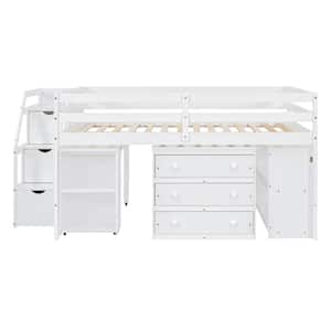 Full Size Loft Bed with Retractable Writing Desk and 3-Drawers, Wooden Loft Bed with Storage Stairs and Shelves, White