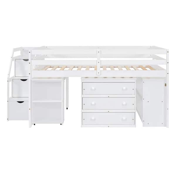 Full Size Loft Bed with Retractable Writing Desk and 3-Drawers, Wooden Loft Bed with Storage Stairs and Shelves, White