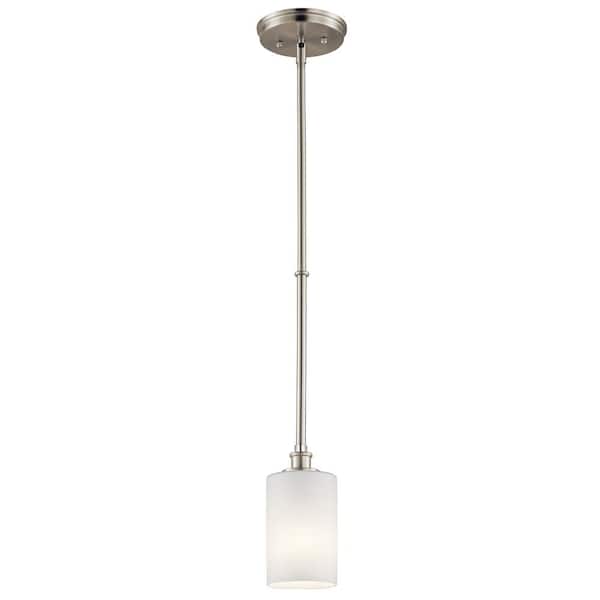 KICHLER Joelson 1-Light Brushed Nickel Transitional Shaded Kitchen Mini Pendant Hanging Light with Etched Glass