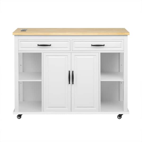 White Rolling Rubber Wood Veneer Top 47 in. Kitchen Island Cart with Power Outlet, 6 Smooth Wheels, Adjustable Shelves