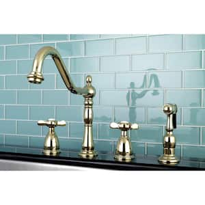 Victorian Cross 2-Handle Standard Kitchen Faucet with Side Sprayer in Polished Brass