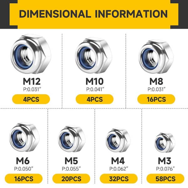 150-Piece Metric Nylon Lock Nuts Assortment Kit, 304-Stainless Steel Hex Nuts, M3-M12