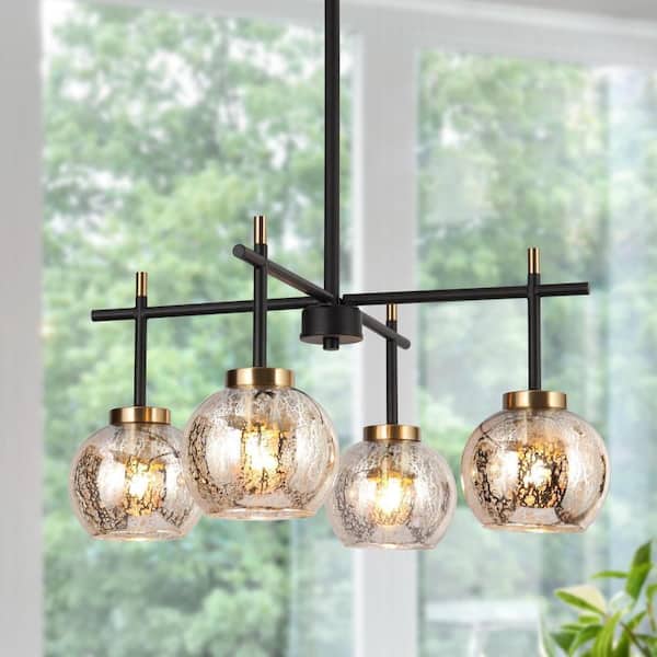 4-Light Modern Black Chandelier with Mercury Glass, Island Pendant Lights for Kitchen Island, Brass Farmhouse Chandelier