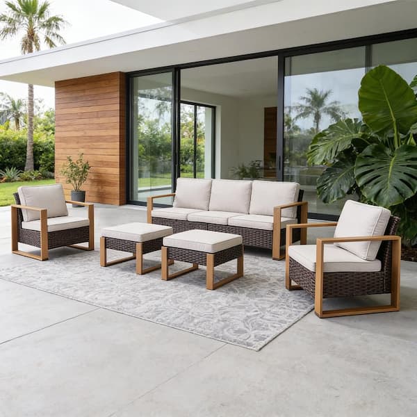 5-Piece Wicker Outdoor Patio Chairs Set Patio Lounge Chair All-Weather for Backyard and Ottoman, with Beige Cushions