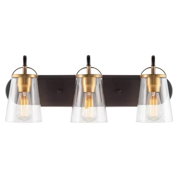 Kira Home Voltaire 23.75 in. 3-Lights Black with Gold/Warm Brass Accents Farmhouse Bathroom Vanity Light