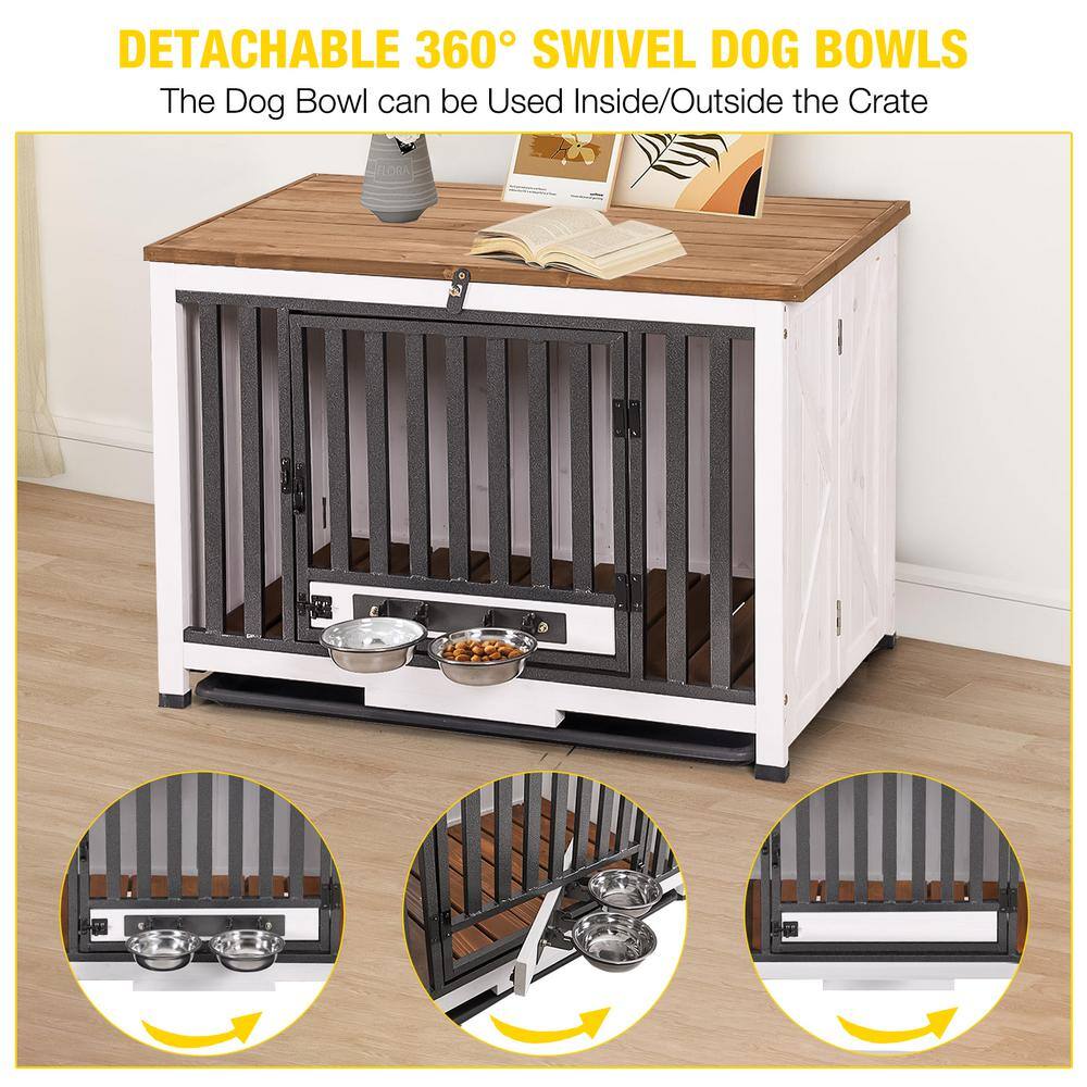 White and Black Wooden Dog Crate with Iron Frame and Feeder