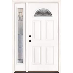 50.5 in. x 81.625 in. Rochester Patina Fan Lite Unfinished Smooth Right-Hand Fiberglass Prehung Front Door with Sidelite