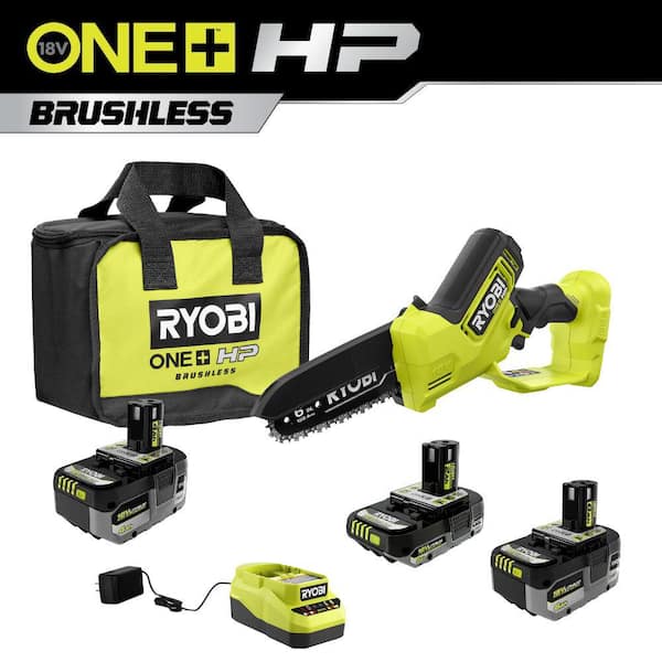 RYOBI ONE+ 18V Lithium-Ion 2.0 Ah, 4.0 Ah, and 6.0 Ah HIGH PERFORMANCE Batteries & Charger Kit w/ HP Brushless Pruning Saw