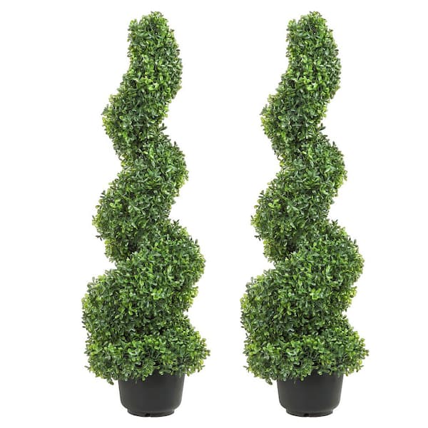 SKYSHALO 4 ft. Artificial Boxwood Tree in Spiral 2-Pack Tower Topiary Decorative Plant Green Plastic PE Iron