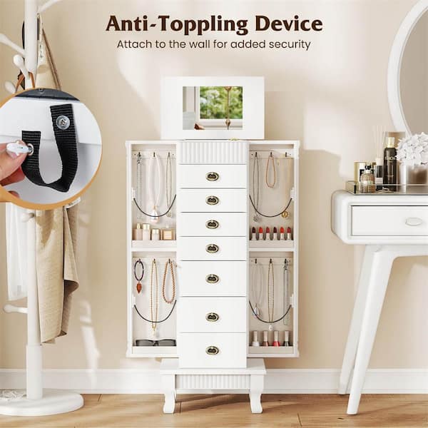 Costway White Wood Free Standing 15 in. W Jewelry Armoire Box with 