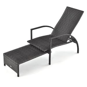 1-Piece PE Rattan Wicker Outdoor Chaise Lounge with Retractable Ottoman