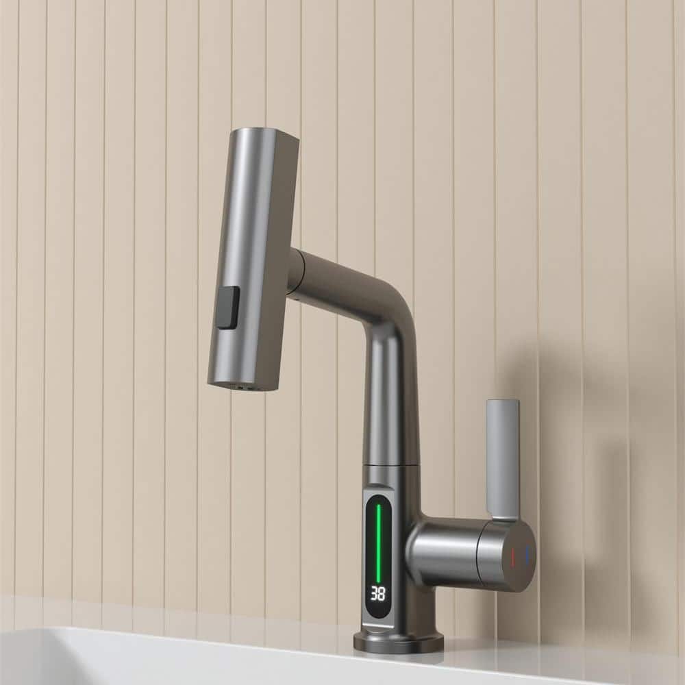 Gray Single Handle Pull-Out Sprayer Bathroom Faucet with LED Display