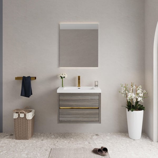 30 in. Single Sink Floating Wall-Mounted Grey Ash Bath Vanity with Glossy White Stone Top Pre-assembled