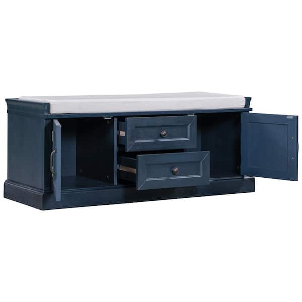 URTR Antique Navy Storage Bench with Removable Cushion, Shoe Bench With 2 Drawers and 2 Cabinets(42.5"L x 15.9"W x 17.5"H)