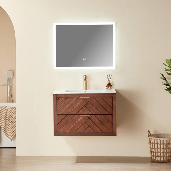 30 in. Single Sink Wall Mounted Brown Walnut Bath Vanity with White Ceramic Top Full Assembled, Soft-Close