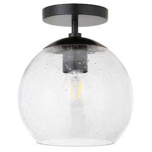Bartlett 9 in. Matte Black Semi-Flush Mount with Seeded Glass Shade