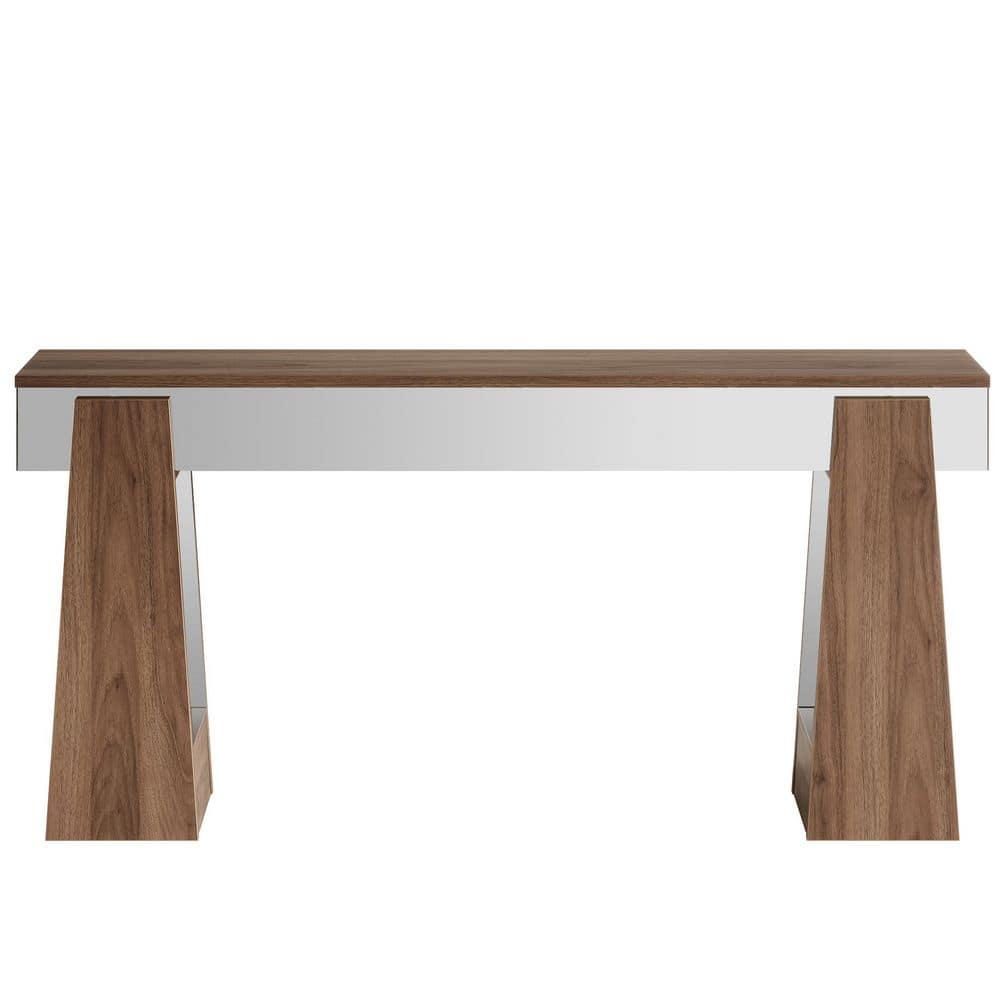 BYBLIGHT Turrella 63 in. Brown Rectangle Wood Mirrored Console Table ...