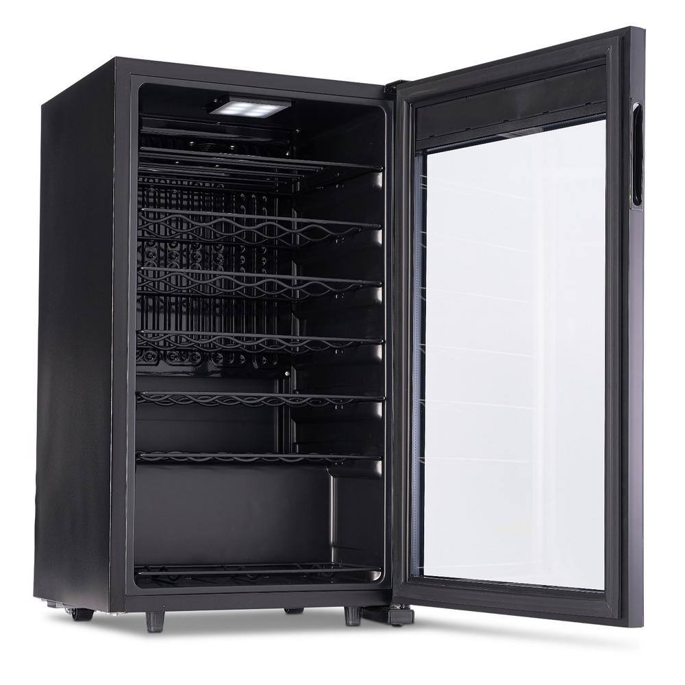 Black Tempered Glass Freestanding Wine Cooler with Interior Lighting