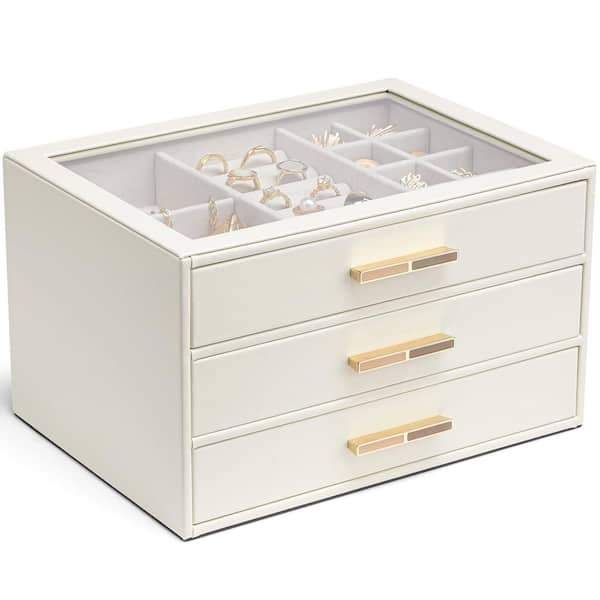 Unbranded Cloud White Jewelry Box Glass Lid Jewelry Organizer with 3 Drawers for Necklaces Rings Earrings Mother Day Gift