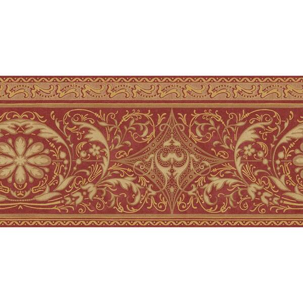 The Wallpaper Company 10.25 in. x 15 ft. Red and Gold Filigree Scroll Border
