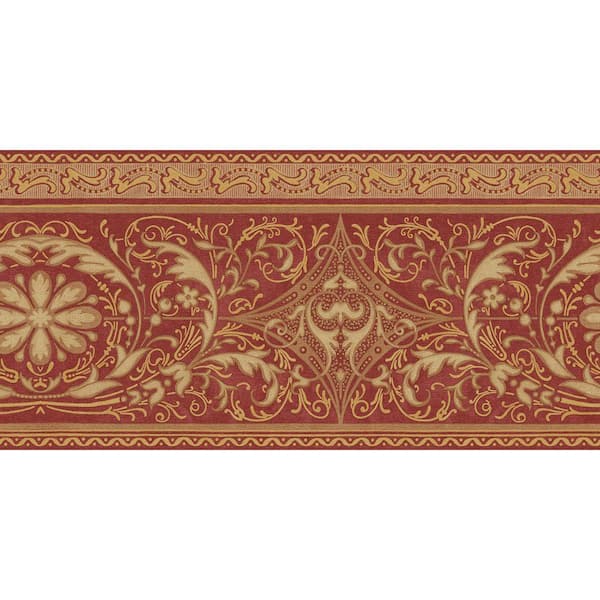 The Wallpaper Company 10 in. x 8 in. Red and Gold Filigree Scroll Border Sample