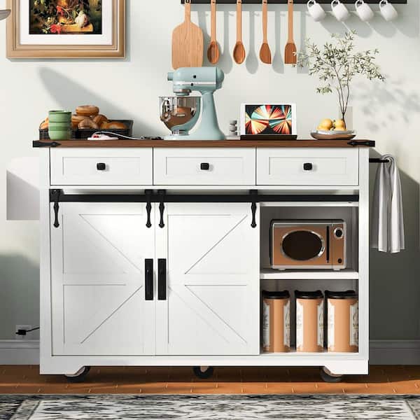 White Wood 53.8 in. Kitchen Island with Drop Leaf and Power Outlet Wheels for Home, Kitchen