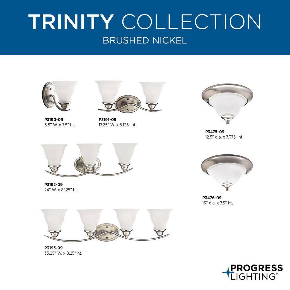 Trinity Brushed Nickel 3-Light Vanity Fixture with Etched Glass Shades