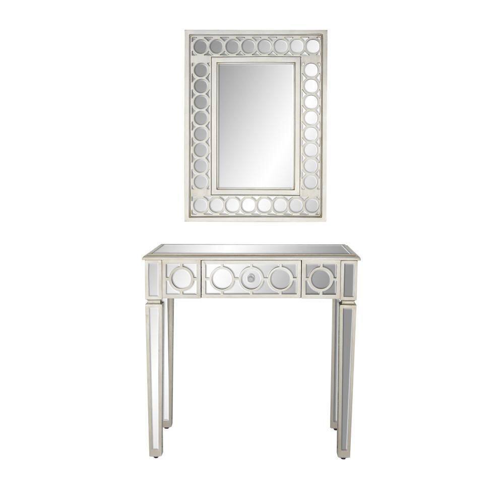 Silver Mirrored Wood and Glass Console Table with Storage