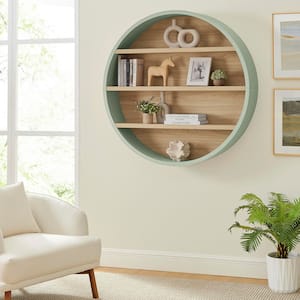 Romy 47 in. Tall Round Wall 3 Tier Bookcase Shelf in Sage Natural