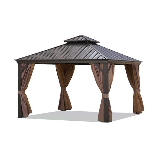 Zeus & Ruta 12 ft. x 12 ft. Bronze Patio Gazebo with Steel Canopy, Outdoor Permanent Hardtop Gazebo for Patio, Garden, Backyard