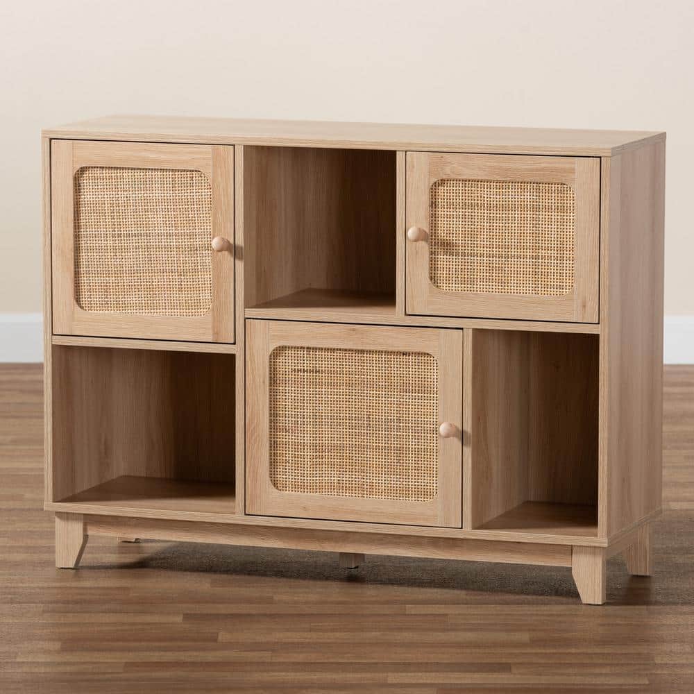 Elsbeth Light Brown Wood and Rattan 3-Door Sideboard