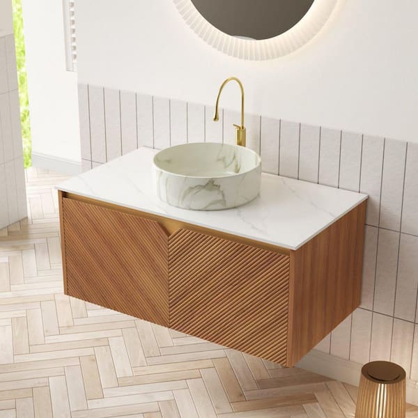 35.83 in. Single Sink Floating Oak-Finish Bath Vanity with White Sintered Stone Top and Carrara-White Sink