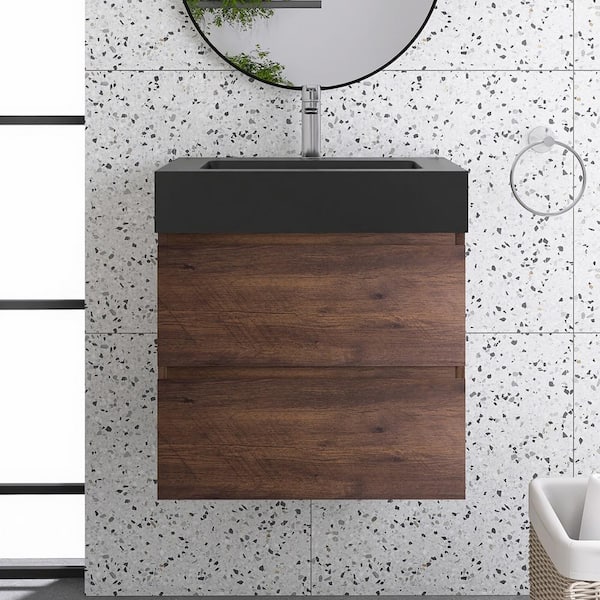 JimsMaison 24 in. W x 18 in. D x 25 in. H Single Sink Wall Mounted Bath Vanity in Walnut with Black Quartz Sand Top